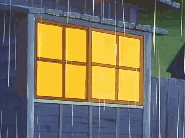 a cartoon drawing of a house with a yellow window in the rain