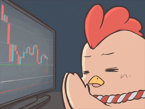 a cartoon of a chicken looking at a computer screen