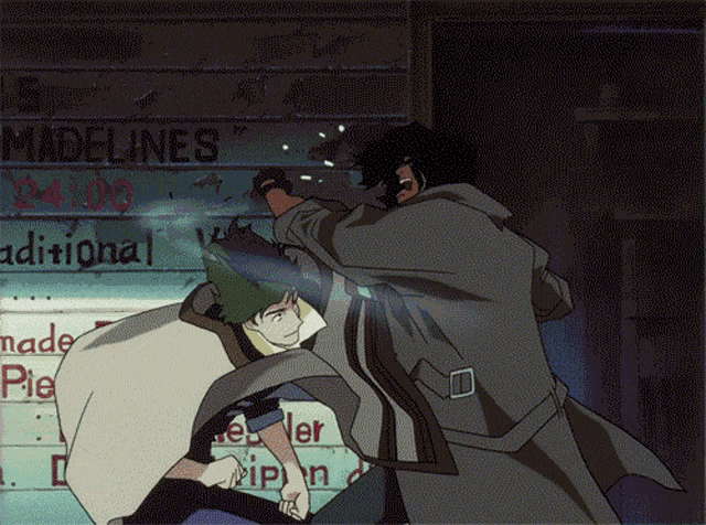 cowboy bebop characters fighting in front of a madelines sign