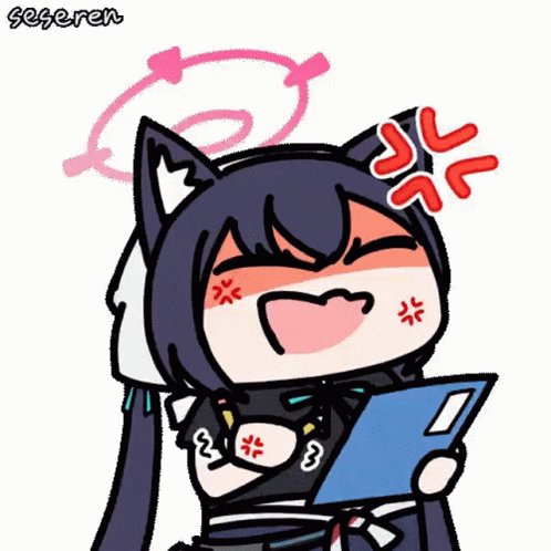 a cartoon of a girl with a cat ear holding a clipboard with the word seseren written on the bottom