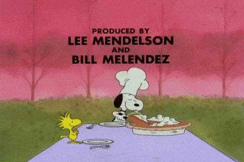 a cartoon of snoopy and woodstock preparing a pie is produced by lee mendelson and bill melendez