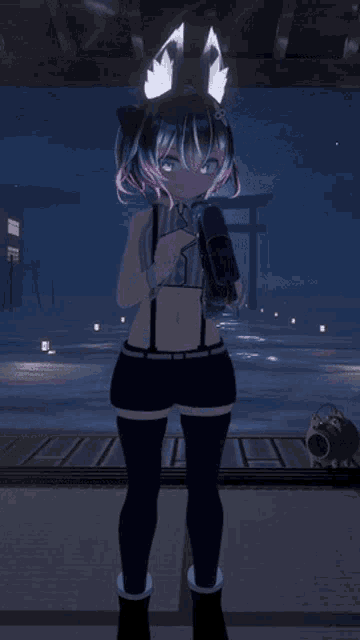 a woman in a video game is dancing in front of a torii gate at night