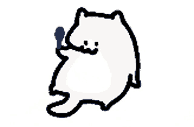 a cartoon drawing of a white cat with a blue toothbrush in its mouth .