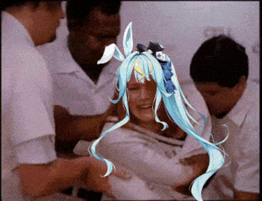a woman with blue hair and bunny ears is surrounded by a group of men