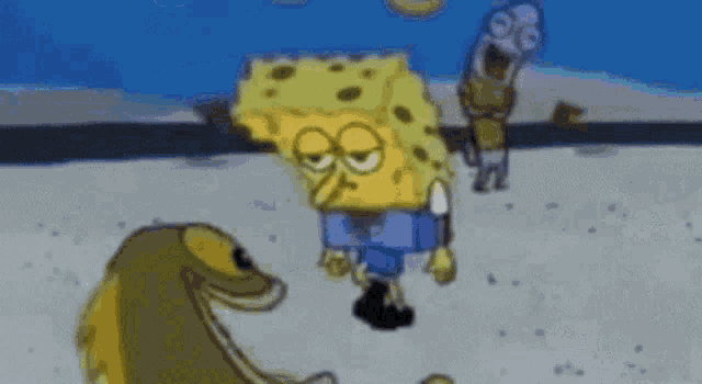 a cartoon of spongebob squarepants and a squidward tentacle standing next to each other in the sand .