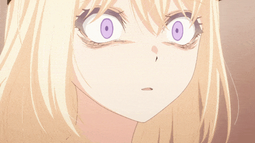 a close up of a girl with purple eyes