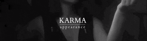 a black and white photo of a woman with the words karma appearance written above her