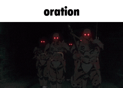 a group of robot soldiers with red eyes are standing in the dark .
