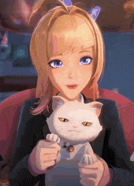 a blonde anime girl is holding a white cat in her arms