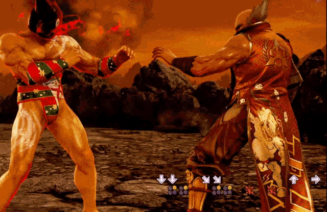 a video game screen shows two fighters fighting with arrows pointing to the left and the right