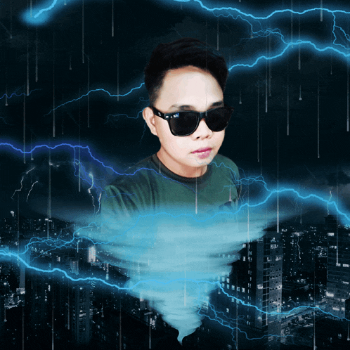 a young man wearing sunglasses stands in front of a storm
