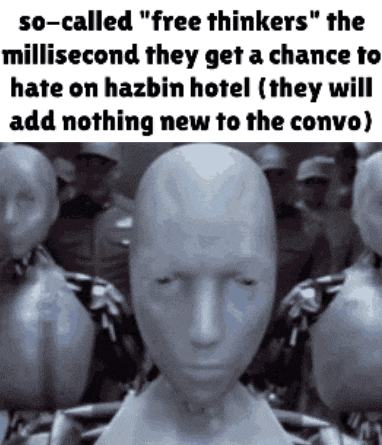 a group of mannequins with a caption that says " free thinkers " on the bottom