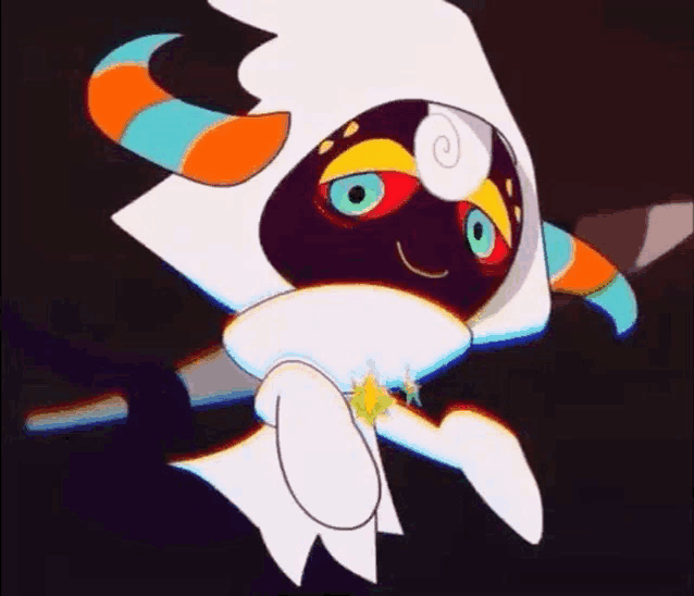 a colorful cartoon character with horns and a white hood is flying through the air .