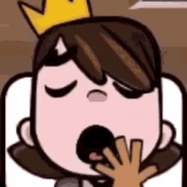 a cartoon girl with a crown on her head is yawning and holding her hand to her mouth .