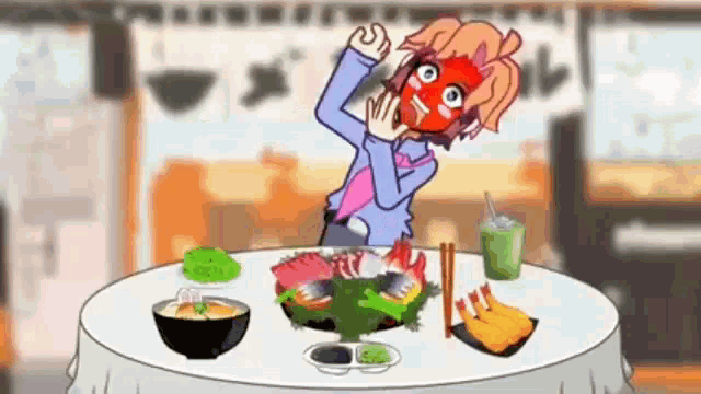 a cartoon character is sitting at a table with a bowl of food and chopsticks .