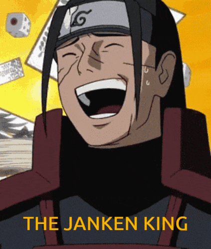 a cartoon of a man laughing with the words the janken king behind him