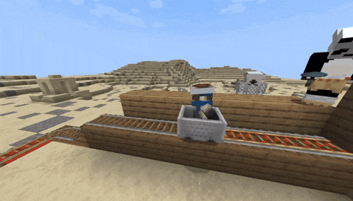 a screenshot of a minecraft game shows a pyramid in the distance