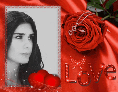 a picture of a woman with a red rose and the word love on it