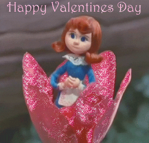 a happy valentine 's day card with a doll on a pink flower