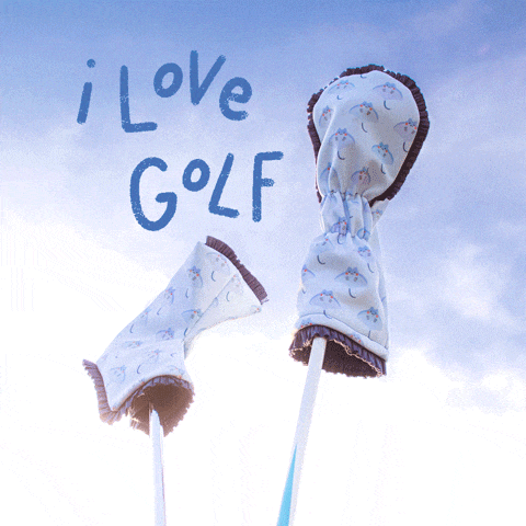 a sign that says " i love golf " with a pair of golf clubs