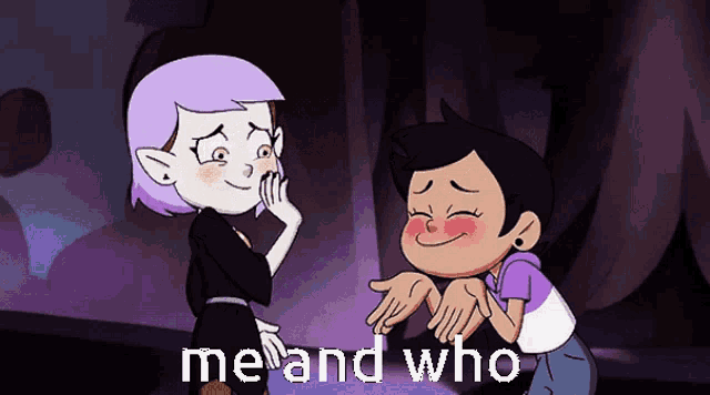a cartoon of two girls standing next to each other with the words me and who above them