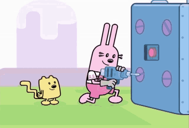a cartoon rabbit is holding a drill next to a cat