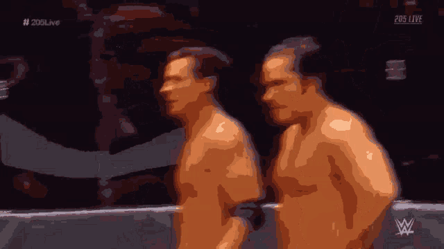 two men are standing next to each other in a wrestling ring with 205 live in the upper right corner