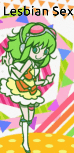 a picture of a girl with green hair and the words lesbian sex