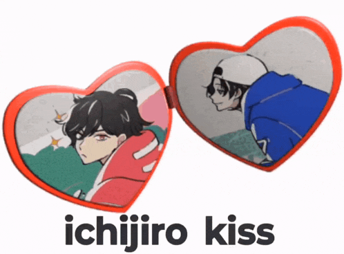 a red heart shaped mirror with a picture of a boy and the words ichijiro kiss below it
