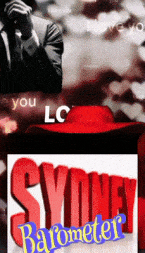 a picture of a man talking on a cell phone next to a picture of a red hat and the word sydney