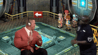 a man in a red suit is sitting in front of a red arrow pointing to the left