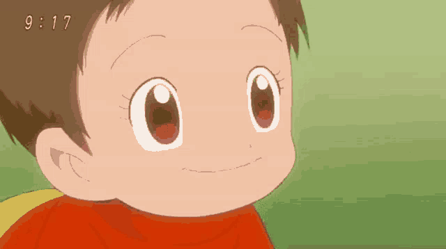 a close up of a cartoon character 's face with the time 9:17