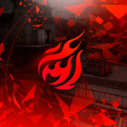 a red and black logo with a flame in the middle