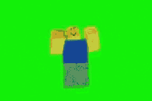 a roblox character is standing on a green screen with his arms outstretched .