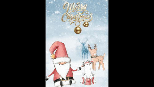 a merry christmas greeting card with santa and reindeer