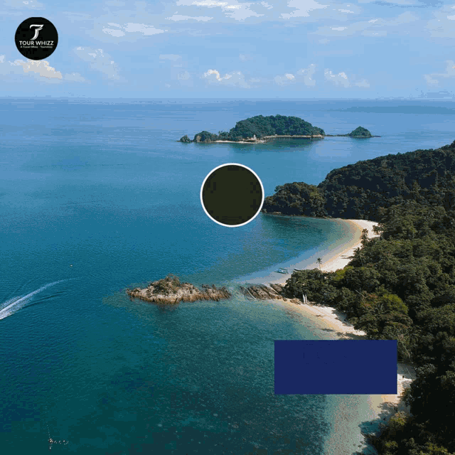 an aerial view of a beach with a black circle in the middle and a blue square below it