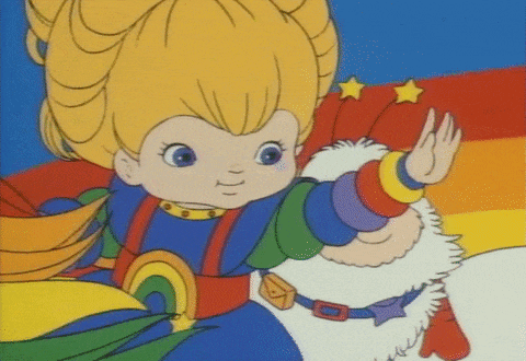 a cartoon of a little girl riding on the back of a rainbow sheep .