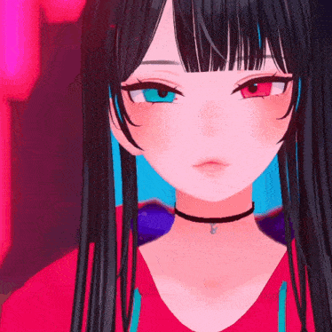 a close up of a girl with red and blue eyes wearing a choker