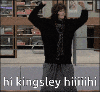 a picture of a woman dancing with the words hi kingsley written below her
