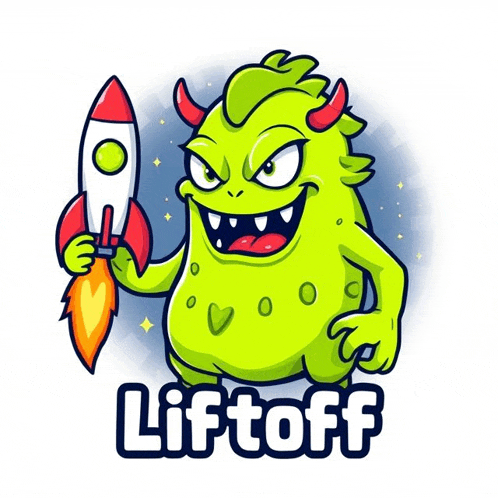 a cartoon monster with horns is holding a rocket and the word liftoff underneath it