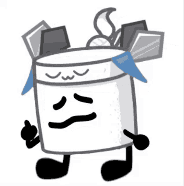 a cartoon drawing of a white container with a sad face and a thumbs up .