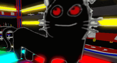 a drawing of a black cat with red eyes and a smiling face