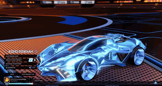 a video game screen shows a blue car with the name kono powaah