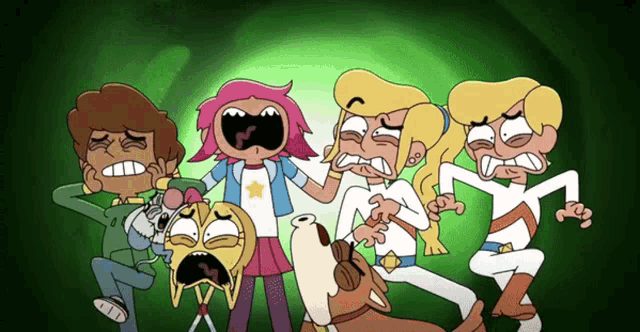 a group of cartoon characters are making funny faces with a dog in the middle