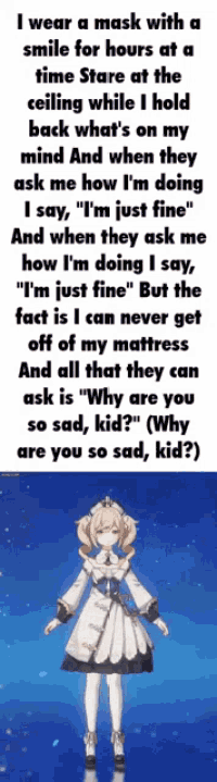 a picture of a girl wearing a mask with a quote written on it