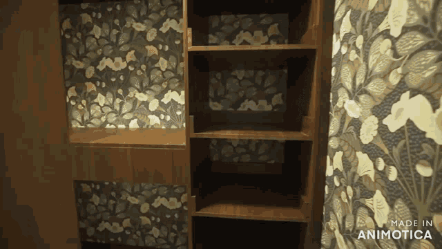 a closet with a floral wallpaper and made in animatica written on the bottom