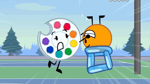 a cartoon drawing of a palette and an orange ball playing basketball