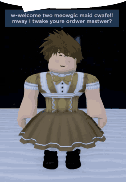 a girl in a dress is standing in front of a sign that says w-welcome two meowgic maid cwafe!