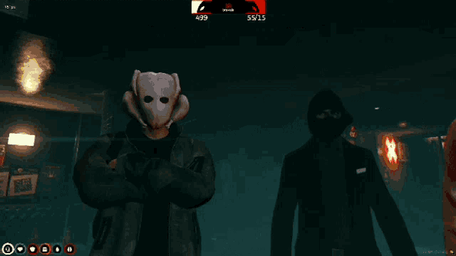 a video game called chicken six goin dark has a chicken mask on