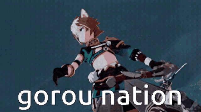a video game character with a bow and arrow and the word gorou nation on the bottom
